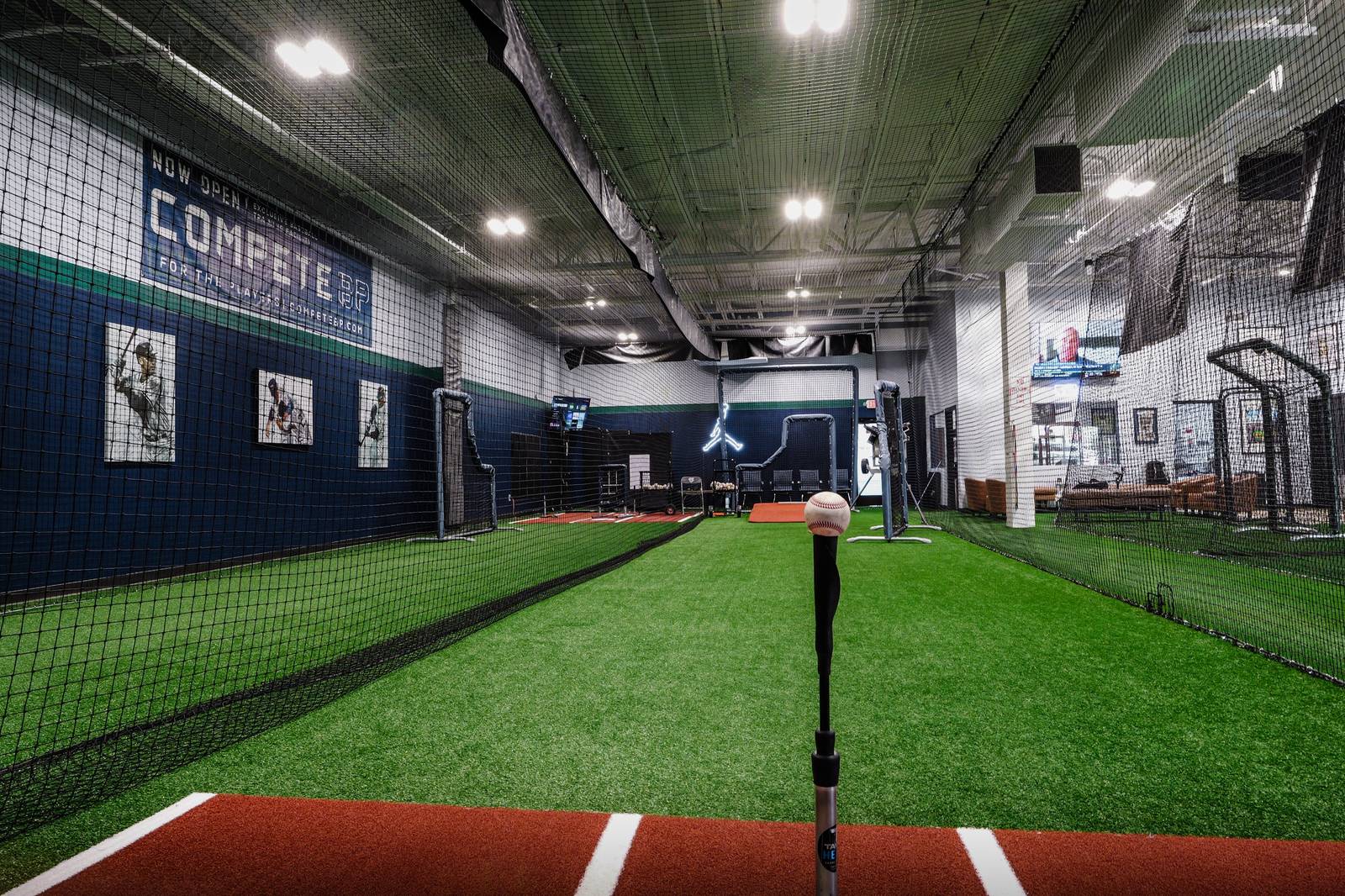 Inside Compete BP: turf, batting cages and pitching mounds on E Mockingbird Lane in Dallas